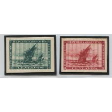 ARGENTINA 1892 GJ 135/6 SERIE COMPLETA DE ENSAYOS EN CARTON DE LAS CARABELAS DE COLON CON CUÑOS ANULADOS, RAROS