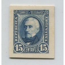 ARGENTINA 1889 RARO CUÑO ENSAYO NO ADOPTADO EN CARTON DE 15c SAN MARTIN COLOR AZUL