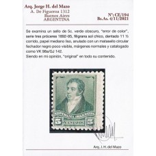 ARGENTINA 1892 GJ 142 ESTAMPILLA ERROR DE COLOR VERDE OSCURO USADA QUE ES MUCHISIMO MAS RARA QUE LAS NUEVAS ERRONEAMENTE EN EL CATALOGO SE LAS VALORA AL MISMO PRECIO, CON CERTIFICADO DE AUTENTICIDAD RARISIMA Y DE LUJO U$ 1.500