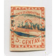 ARGENTINA 1858 GJ 1d CONFEDERACION ESTAMPILLA VARIEDAD DOBLE PUNTO DESPUES DEL 5 USADA con MATASELLO FRANCA de SAN LUIS en color azul RARISIMO + 450 %