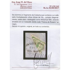 ARGENTINA 1858 GJ 2BID CONFEDERACION ESTAMPILLA BISECTADA SOBRE FRAGMENTO CON MATASELLO ROSARIO CON FIRMA DE KNEITSCHEL Y CERTIFICADO DE AUTENTICIDAD U$ 150