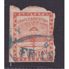 ARGENTINA 1858 GJ 1 CONFEDERACION ESTAMPILLA USADA CON SUS 4 MARGENES A PESAR QUE DOS FUERON CORTADOS A MANO MUY LINDO SELLO CON MATASELLO AZUL DEL PARANA U$ 40 + 30%