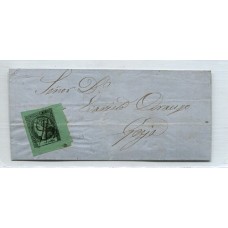 ARGENTINA 1865 GJ 5 CORRIENTES COLOR VERDE AZULADO EN CUBIERTA DE PLIEGO CON ESTAMPILLA DE MUY AMPLIOS MARGENES TIPO 4 DE LA PLANCHA U$ 275