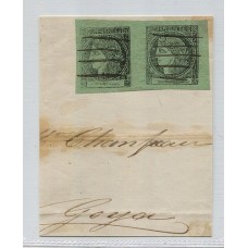 ARGENTINA 1864 GJ 4 CORRIENTES FRAGMENTO GRANDE 1/2 FRENTE DE CARTA CIRCULADO A GOYA CON PAREJA DE ESTAMPILLAS VERDE AMARILLO TIPO 5 Y 6 DE LA PLANCHA ( U$ 595 )