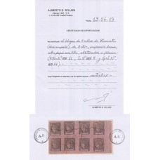 ARGENTINA 1876 GJ 11 CORRIENTES BLOQUE DE 8 ESTAMPILLAS COLOR ROSA LILA CON CERTIFICADO ALBERTO SOLARI MUY RARA PIEZA U$ 1600