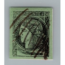 ARGENTINA 1864 GJ 4 CORRIENTES COLOR VERDE AMARILLO ESTAMPILLA TIPO 7 DE LA PLANCHA EN FRAGMENTO U$ 45