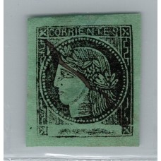 ARGENTINA 1865 GJ 5 CORRIENTES COLOR VERDE AZULADO ESTAMPILLA USADA, HERMOSA TIPO 6 DE LA PLANCHA U$ 110