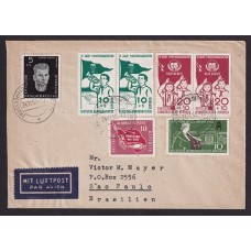 ALEMANIA ORIENTAL DDR 1958 SOBRE CIRCUALDO A BRASIL CON DOBLE SERIE DE ESTAMPILLAS PIONEROS ORGANIZACIÓN DE JOVENES SIMIL BOY SCOUTS