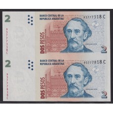 ARGENTINA COL. 754f BILLETE DE 1 PESO CONVERTIBLE SIN CIRCULAR UNC BOT. 3206 EN PAREJA VERTICAL SIN DENTAR