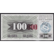 BOSNIA Y HERZEGOVINA 1993 BILLETE REVALORIZADO DE 100.000 DINARA RESELLO ROJO SIN CIRCULAR