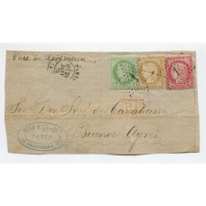 FRANCIA 1875 FRENTE DE SOBRE CON BONITO FRANQUEO TRICOLOR CIRCULADO A LA ARGENTINA MUY LINDA PIEZA