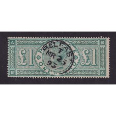 INGLATERRA 1887 Yv. 105 LA LIBRA VERDE DE VICTORIA, ESTAMPILLA USADA VALOR FINAL DE LA SERIE SUAVAMENTE MATASELLADA EN BELFAST IRLANDA HERMOSA CALIDAD DE LUJO 750 €
