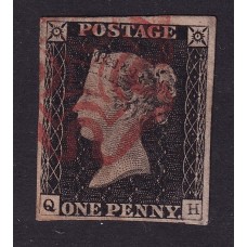 INGLATERRA 1840 Yv. 1 LA PRIMER ESTAMPILLA DEL MUNDO EL EMBLEMATICO PENIQUE NEGRO USADA PLANCHA II CON SUS 4 MARGENES DE MUY BUENA CALIDAD 350 €