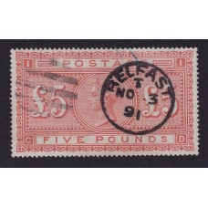 INGLATERRA 1867 Yv. 46 LA EMBLEMATICA 5 LIBRAS NARANJA DE VICTORIA, ESTAMPILLA USADA VALOR FINAL DE LA SERIE CON MATASELLO BELFAST IRLANDA MAGNIFICA CALIDAD DE LUJO 4.300 € SG # 137 rarisima 4.750 LIBRAS