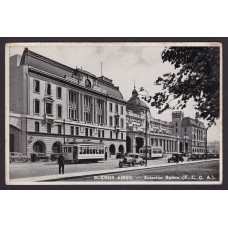 CIUDAD DE BUENOS AIRES ESTACION FERROCARRIL RETIRO + TRANVIAS ANTIGUA TARJETA POSTAL