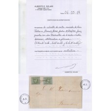 ARGENTINA 1859 GJ 16 BUENOS AIRES PLIEGO FECHADO EL 18/6/1861 CON DOS ESTAMPILLAS CABECITAS DE 4 REALES INUTILIZADAS A PLUMA SOBRE CON FIRMA DE KNEITSCHEL y CERTIFICADO DE AUTENTICIDAD , MUY RARA PIEZA