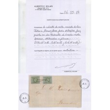 ARGENTINA 1859 GJ 16 BUENOS AIRES PLIEGO FECHADO EL 18/6/1861 CON DOS ESTAMPILLAS CABECITAS DE 4 REALES INUTILIZADAS A PLUMA SOBRE CON FIRMA DE KNEITSCHEL y CERTIFICADO DE AUTENTICIDAD , MUY RARA PIEZA