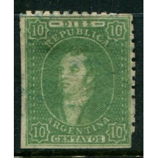 ARGENTINA 1864 GJ 23 RIVADAVIA DE 10 Cts. ESTAMPILLA CON MATASELLO DE TIPO ROCOCO DE COLOR AZUL