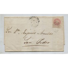 ARGENTINA 1862 GJ 14 ESCUDITO DE 5 Cts. PLANCHA GASTADA EN PLIEGO CIRCULADO A SAN PEDRO CON MARCA DOBLE DE BUENOS AIRES, PUNTOS y FECHADOR 13/2/1864 U$ 275