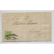 ARGENTINA 1862 GJ 08 ESCUDITO DE 10 Cts. COLOR VERDE AMARILLO EN PLIEGO CIRCULADO A ROSARIO CON MATASELLO FRANCA DE MENDOZA U$ 550 + 30 %