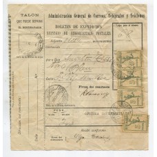 URUGUAY 1926 BOLETIN DE EXPEDICION SERVICIO DE ENCOMIENDAS CON ESTAMPILLAS " INTERIOR ", RARO