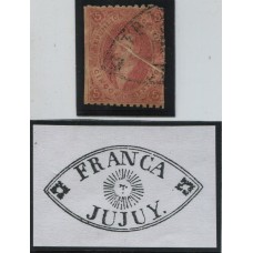 ARGENTINA 1865 GJ 20 RIVADAVIA ESTAMPILLA CON BONITO PLIEGUE 3ra TIRADA CON MATASELLO FRANCA JUJUY RARISIMO !!!