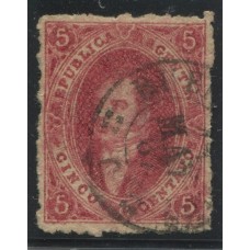 ARGENTINA 1865 GJ 25 RIVADAVIA ESTAMPILLA DE 4ta TIRADA CON MATASELLO FECHADOR BUENOS AIRES DE MAYO DE 1867 FECHA TARDIA LINEA DE PROLONGACION MARCO SUPERIOR DERECHO