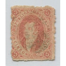 ARGENTINA 1867 GJ 28 RIVADAVIA ESTAMPILLA DE 6ta TIRADA COLOR ROJO PARDO BASTANTE ANARANJADO U$ 60