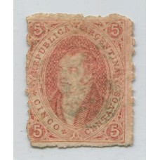 ARGENTINA 1867 GJ 28 RIVADAVIA ESTAMPILLA DE 6ta TIRADA COLOR ROJO PARDO BASTANTE ANARANJADO U$ 60