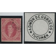 ARGENTINA 1867 GJ 32 RIVADAVIA ESTAMPILLA DE 7ma TIRADA EJEMPLAR DE 4 MARGENES CON MATASELLO TUCUMAN MUY LINDO U$ 120 + 50 %