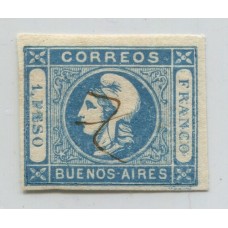 ARGENTINA 1859 GJ 14b ESTAMPILLA CON VARIEDAD DOBLE IMPRESIÓN PARCIAL, MUY LINDA Y RARA U$ 60