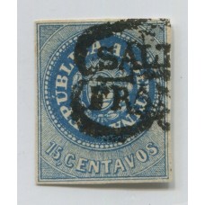 ARGENTINA 1862 GJ 09 ESCUDITO de 15 Cts. ESTAMPILLA CON MATASELLO SALTA, MUY LINDO EJEMPLAR U$ 245