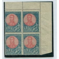 ARGENTINA 1908 GJ 299 SAN MARTIN EN OVALO CUADRO MINT ESQUINA DE HOJA +U$ 144