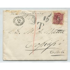 ARGENTINA 1887 CARTA CIRCULADA A CHILE VIA TIERRA DEL FUEGO CON VARIAS MARCAS DE TAXA CHILENAS , RARA Y MUY BONITA PIEZA