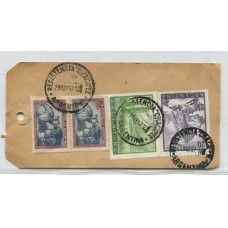 ARGENTINA 1957 TARJETA PARA SACOS DE ENCOMIENDA CON ESTAMPILLAS DE FRANQUEO MIXTO PROCERES Y RIQUEZAS 1 y 2