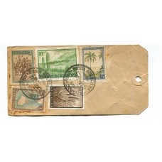 ARGENTINA 1956 TARJETA PARA SACOS DE ENCOMIENDA CON ESTAMPILLAS DE FRANQUEO MIXTO PROCERES Y RIQUEZAS 1 y 2 INCLUYENDO EL RARO $ 20 DE ALGODÓN