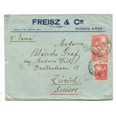 ARGENTINA 1905 LIBERTAD SOBRE FRANQUEADO CON TRES SELLOS SIENDO DOS DE ELLOS DENTADO 11 1/2 Y EL TERCERO TAMBIEN DE 5 Cts CON DENTADO 12 1/4 , CIRCULADO A SUIZA POR VAPOR SAVOIA ,MUY RARO