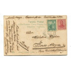 ARGENTINA 1908 TARJETA FRANQUEO MIXTO LIBERTAD Y SAN MARTIN EN OVALO CON MATASELLO PORTO ALEGRE BRASIL APLICADO AL ARRIVO POR NO TENER MARCA DE SALIDA, MUY RARO