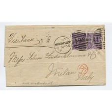 INGLATERRA 1869 SOBRE CIRCULADO A ITALIA CON ESTAMPILLA DE VICTORIA Yv. 34 EN PAREJA QUE SUELTAS YA MARCAN 150 EUROS, CON MARCA PD EN ROJO