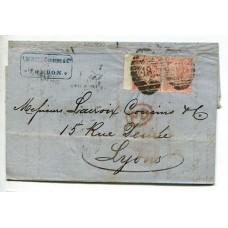 INGLATERRA 1867 SOBRE CIRCULADO A FRANCIA CON PAREJA DE ESTAMPILLAS DE VICTORIA MATASELLO NUMERAL 48