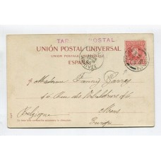 INGLATERRA 1905 TARJETA DE LAS PALMAS CIRCULADA A BELGICA CON ESTAMPILLA DE ESPAÑA Y MATASELLO DE BARCO INGLES PAQUEBOT PLYMOUTH, RARA