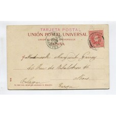 INGLATERRA 1905 TARJETA DE LA GRAN CANARIA CIRCULADA A BELGICA CON ESTAMPILLA DE ESPAÑA Y MATASELLO DE BARCO INGLES PAQUEBOT PLYMOUTH, RARA