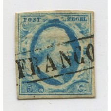 HOLANDA 1852 Yv. 1a ESTAMPILLA USADA AZUL PALIDO 45 EUROS