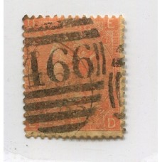 INGLATERRA 1865 Yv. 32 NUMERO DE PLANCHA 7 ESTAMPILLA USADA 85 EUROS