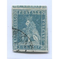 ITALIA ESTADO TOSCANA 1851 Yv. 5 ESTAMPILLA USADA COLOR AZUL 65 EUROS