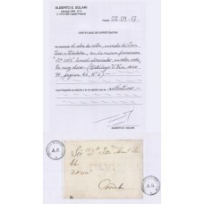 ARGENTINA 1820 GJ SLU 1A CARTA PRECURSORA CON FECHA TENTATIVA MARCA DE SAN LUIS EN COLOR VIOLETA CLARO CIRCULADA A CORDOBA CON CERTIFICADO DE AUTENTICIDAD, RARA U$ 800