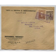 ARGENTINA SERVICIO OFICIAL SOBRE 1947 DE FECHA TENTATIVA CIRCULADO CON MARCA "FRANQUEO A PAGAR OFICIAL" APLICADO MATASELLANDO LAS ESTAMPILLAS POR 3 Cts., MUY RARO