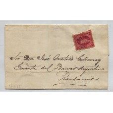 ARGENTINA 1866 GJ 26A RIVADAVIA CUBIERTA DE PLIEGO CIRCULADA A ROSARIO EL 23/9/1866, CON UNA ESTAMPILLA DE 5ta TIRADA CON VARIEDAD COLOR CARMIN MORADO U$ 270