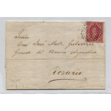 ARGENTINA 1865 GJ 25 RIVADAVIA CUBIERTA DE PLIEGO CIRCULADA A ROSARIO EL 6/7/1867 CARTA CON UNA ESTAMPILLA DE 4ta TIRADA CON MATASELLO PUNTOS DE SANTA FE, MUY BONITA PIEZA CIRCULADA MUY FUERA DE EPOCA EN FECHA DE 7ma