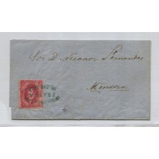 ARGENTINA 1866 GJ 26 RIVADAVIA CUBIERTA DE PLIEGO CIRCULADA A MENDOZA, CON UNA ESTAMPILLA DE 5ta TIRADA CON MATASELLO FRANCA SAN JUAN, MUY BONITA PIEZA U$ 170